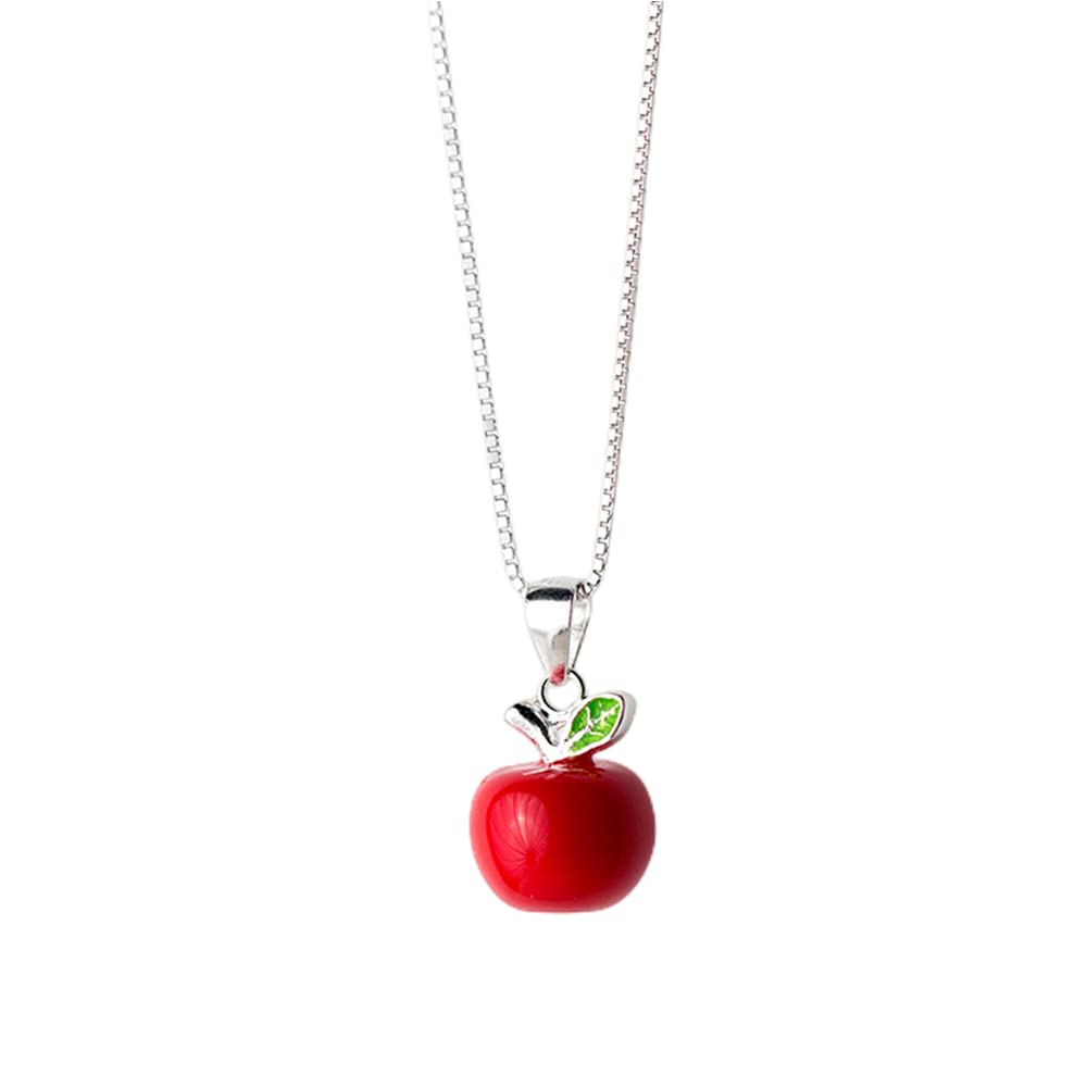 Cute Red Apple Pendant Necklace for Women Girls 925 Sterling Silver Charms Snow White Inspired 3D Candy Fruit Leaf Link Chain Adjustable Nickel Free