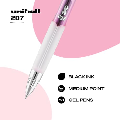Image of uniball 207 Pink Ribbon Retractable Gel Pens, Medium Point (0.7mm), Black, 36 Pack