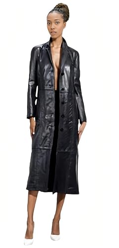 Women’s Long Coat | Real Lambskin Leather, Black Classic Style, Trench, Overcoat