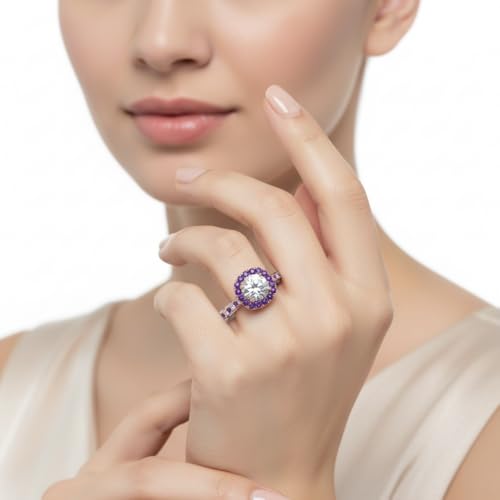 Image of Choose Your Gemstone Cathedral Halo Two Tone Engagement Ring 925 Sterling Silver Round Shape Halo Engagement Rings Lightweight Office Wear Everyday Gift Jewelry US Size 4 to 12