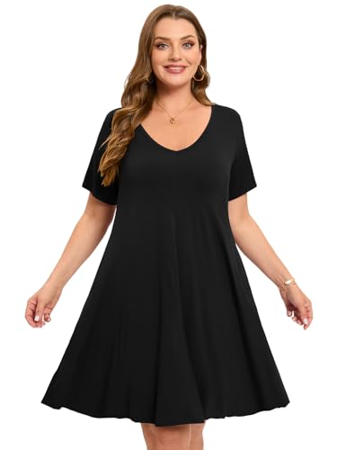 Image of ZENNILO Women's Plus Size Swing Dress with Pockets Casual Summer Dresses V Neck Short Sleeve T Shirt Dress for Women