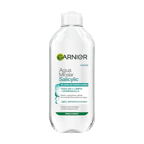 Garnier Agua Micelar Salicylic con [Ácido Salicílico] -58% imperfecciones. Todo en 1: limpia y desmaquilla. Para Piel Grasa. Testado dermatológicamente y oftalmológicamente. 400ML