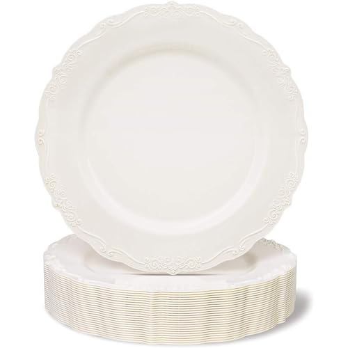 Juvale Disposable Plastic Dinner Plates - Cream Disposable Dinnerware for Weddings & Bridal Showers - Vintage Plastic Dinner Plates for Weddings & Parties - 10 in, Pack of 25, Cream Juvale Disposable Plastic Dinner Plates - Cream Disposable Dinnerware for Weddings & Bridal Showers - Vintage Plastic Dinner Plates for Weddings & Parties - 10 in, Pack of 25, Cream
