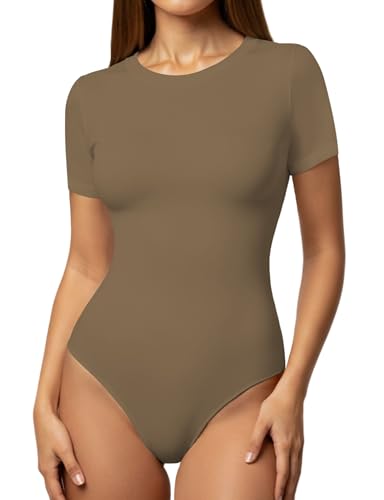 Image of YOGINGO Womens Short Sleeve Bodysuit Crew Neck Slim Fit Basic Body Suit Top Soft Stretch Leotard