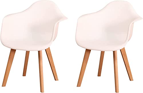 Symylife Lot de 2 chaises de Salle à Manger avec accoudoirs, Fauteuil Design Moderne, Chaise de Cuisine scandinave avec Pieds en hêtre (Blanc)