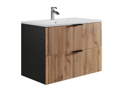 Vente-unique - Meuble de Salle de Bain Suspendu avec Vasque à encastrer - Naturel Clair et Noir - 80 cm - MADELA