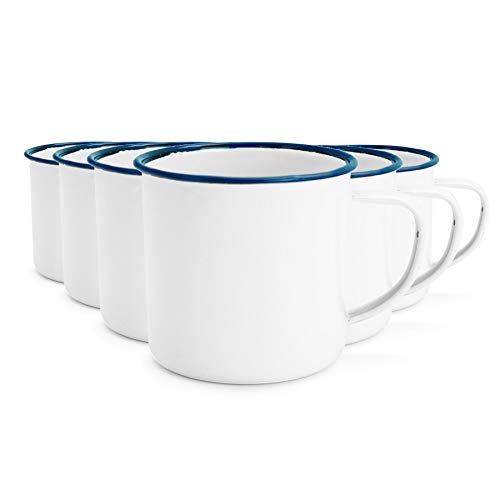 Rink Drink Taza de café o té - Esmalte Blanco Tradicional y Borde Azul - 350u00a0ml - Pack de 6
