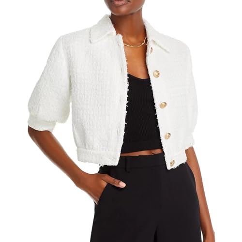 Women's Cropped Tweed Blazer Puff Sleeves Short Sleeve Jacket with Gold Buttons(White,XL)2