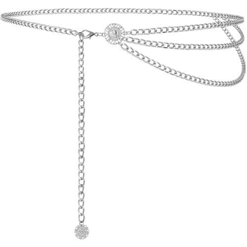 Alaoo Taillenkette für Damen,Modische Und Sexy Taillenkette Verstellbare,Personalisierte Mehrschichtige Taillenkette Accessoires,Kettengürtel Damen für Frauen,Blusen,Jacke,Jeans,Kleider,Silber,115