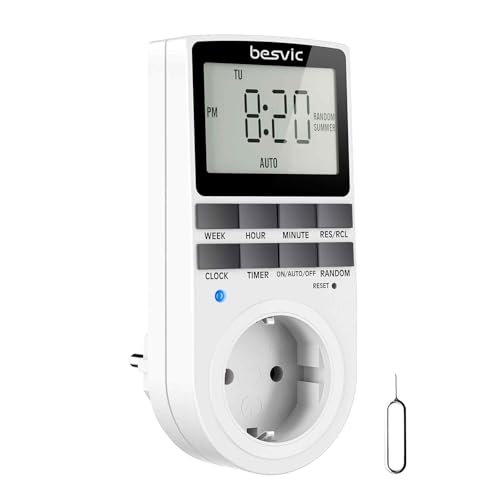 Digitale Zeitschaltuhr Steckdose, Besvic 3680W Timer Steckdose mit 10 täglichen konfigurierbaren Programmen, LCD Display und Anti-Theft-Zufallsmodus für Innen (1 Pack)