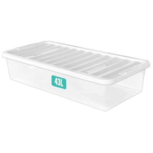 Optimal Products 1 x 43 Litre Underbed Clear Plastic Storage Box With Lids UK BRITISH MADE Home Office Stackable Transparent Plastic Boxes Size 5 11 24 28 35 45 62 Litre