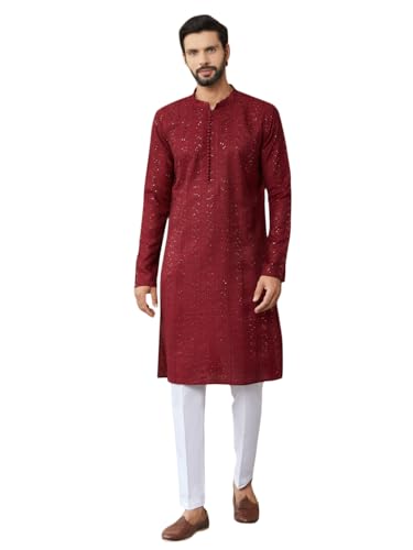 See Designs Men's Long Sleeve Mandarin Collar Side Slit Dark Maroon Embroidered Thread Work Sequinned Chanderi Silk Straight Kurta With Pyjama - Sdkt251401L