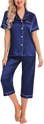 SWOMOG Satin Pajama Set Women Silk Pjs Set Short Sleeve 2 Piece Button Down Sleepwear Lounge Sets Navy Blue