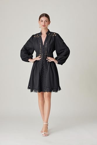 LAI MENG FIVE CATS Women's V-Neck Elegant Lace Long Sleeve Lantern Sleeve Button up Casual Mini Dress4