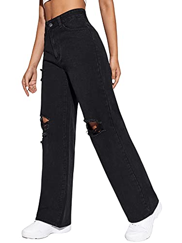 SweatyRocks Women's High Waist Slant Pocket Denim Jeans Ripped Straight Leg Pants Plain Black L4