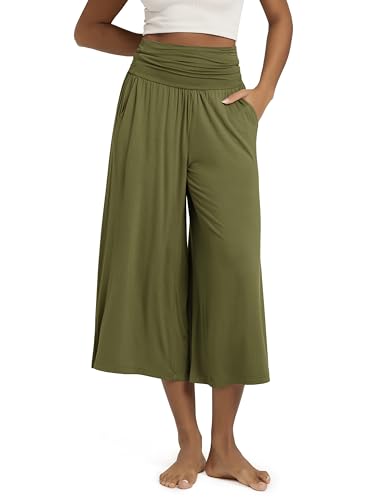 ODODOS Women's Wide Leg Palazzo Lounge Cropped Pants with Pockets Light Weight Comfy Casual Pajama Capri Pants-22 inseam, Army, Small