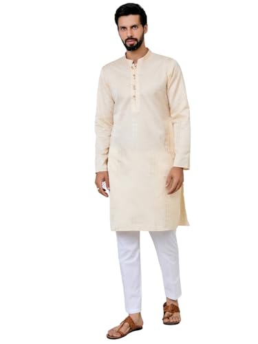 Image of See Designs Men's Full Sleeve Mandarin Collar Floral Embroidered Mandarin Collar Thread Work Straight Long Kurta with Pyjama - Festive Collection