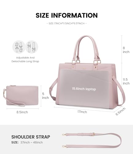 Image of LOVEVOOK Laptop Tote Bag for Women, Leather Business Office Work Bag Computer Briefcase with Small Clutch fit for 15.6 Inch Laptop Pink