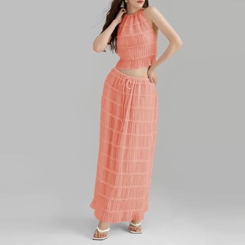 Image of Women Y2K Skirt Set Outfits Strapless Crop Top Bodycon Midi Skirt Dress Sexy 2 Piece Knit Outfits Skirt Summer