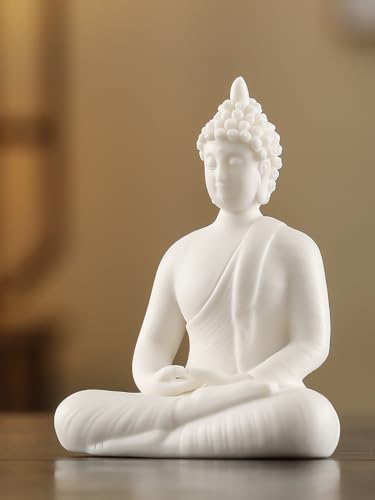 Estatua pequeña de Buda blanca de cerámica 4.3 pulg miniatura 4