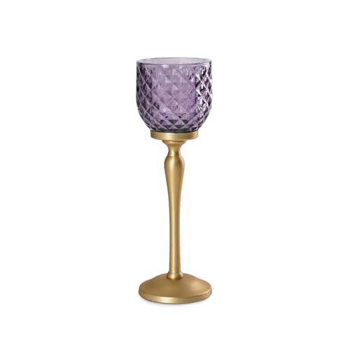 Image of Pure Home + Living Purple Diamond Cut Hurricane - Small Candle Holders for Home Decor with Glass Hurricane, Dining Table Decor, Candle Holder, Decorative Candle Stands for Home Decor