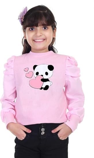Girls Cotton Blend Lycra Top, Puff Sleeves with Panda Print, Round Neck