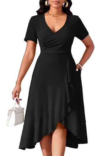 Women's Summer Casual Dress Wrap Short Sleeve Semi-Formal Ruffle Hem Ladies Dress for Wedding Guest