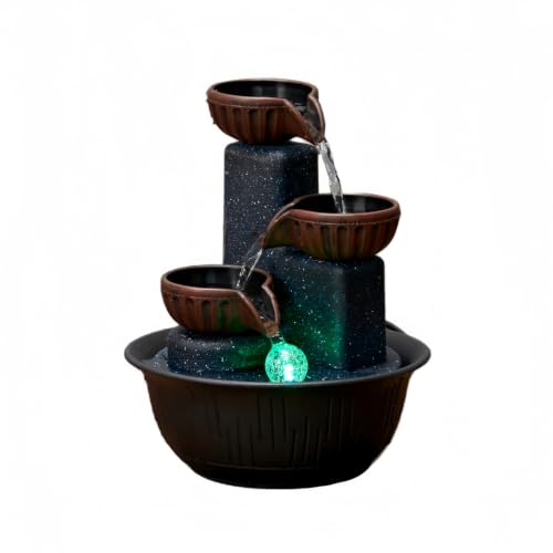 Image of 3-Tier Tabletop Water Fountain with Warm Ambient Light, Cascading Bowl Design, Compact Indoor Desk Decor, 8.3x6.3 inch Indoor Calming Cascading Waterfall Fountain (Brown)