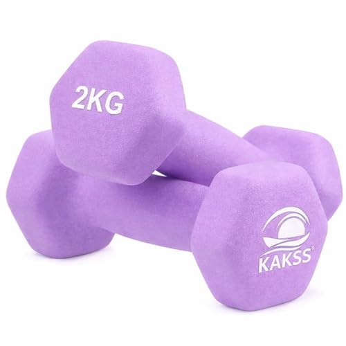 Image of KAKSS Neoprene Dumbbells Set, 4kg (2 x 2kg), Purple Hex Dumbbells with Easy-Grip Coated Finish, Cast Iron Hand Weights for Home Gym Equipment and Fitness Training for Women and Men