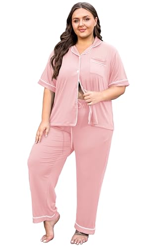 Image of Vozanet Women's Plus Size Pajamas Button Down Shirt and Pants Soft Lounge Sets Bride Nighty Bottom with Pockets 1x to 5x