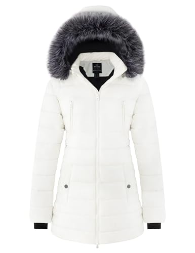 Wantdo Damen Winter Warm Puffer Mantel Wasserabweisend Outdoor Jacke Baumwolle Gepolsterte Jacken Kunstpelz Kapuzenm?ntel Weiß XL