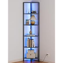 Furnulem 6 Tier Corner Shelf with LED Light, 67.5 Tall Standing Shelf Organizer, Black Narrow Bookshelf with Storage Rack for Wall Corner, Living Room, Bedroom, Metal Frame, Wood Display Shelf