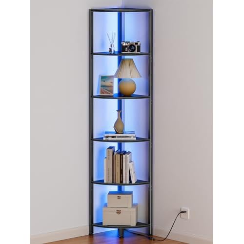 Furnulem 6 Tier Corner Shelf with LED Light, 67.5" Black Narrow Bookshelf