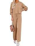 Ekouaer Knit Lounge Sets for Women 2 Piece Cozy Long Sleeve Pullover Sweater Top and Wide Leg Pants Set Pajamas Outfits Khaki