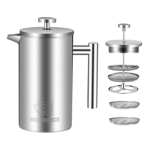 Brewbreeze French Press Set I Kaffeebereiter, Thermo, Kaffeepresse, für Filterkaffee, 1 Liter - 5 Tassen, doppelwandig, isoliert, Edelstahl (Mattsilber, 1 Liter)