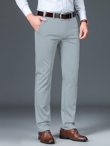 Image of AVANOVA Men's Light Grey Solid Trousers Light Business Style Slightly Stretch Straight Leg Pants for Outdoor Casual Daily (Trouser 127)