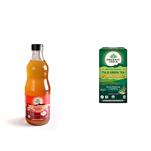 Image of Organic India Apple Cider Vinegar 500 Ml & Organic India Tulsi Green - 25 x 1.8g Tea Bags (Lemon Ginger)