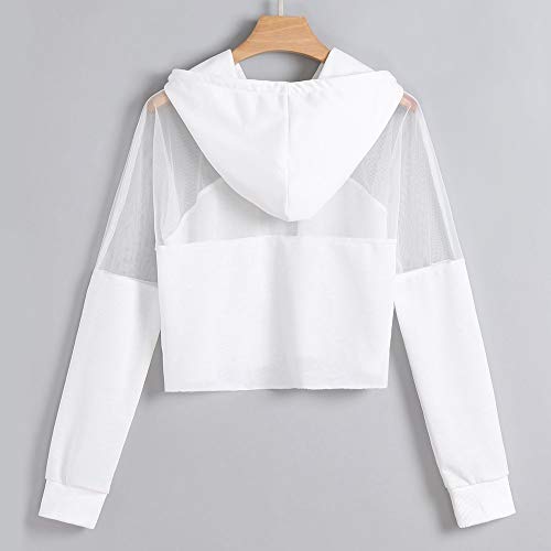 HIRIRI Women Long Sleeve Mesh Patchwork Workout Hooded Shirts Athletic Long Sleeve Running Crop Hoodie Sweatshirt White