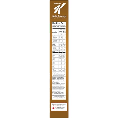 Special K Cold Breakfast Cereal, 11 Vitamins and Minerals, Made With Real Almonds, Vanilla and Almond, 12.9oz Box (1 Box)