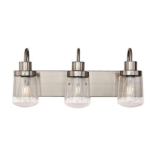 YAOHONG 3-Lights Bathroom Vanity Farmhouse Wall Light Fixture in Satin Nickel with Clear Glass Shades Wall Mount Light Sconces for Bedroom Hallway Kitchen Stairs