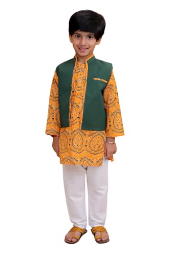 Image of The Mom Store Boys Printed Cotton Kurta Pajama Set With Jacket | Soft And Comfortable Ethnic Wear For Baby /Kids Boys | Full Sleeves Kurta Pyjama Set | Traditional Indian Outfit