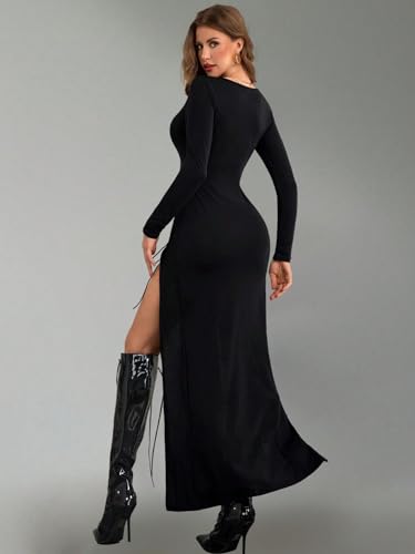 GothDark Vintage Black Goth Long Sleeve Dress High Slit V Neck Eyelet Rope Sexy Party Club Halloween Dress2