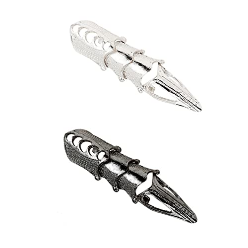 2Pcs Punk Full Armor Knuckle Joint Claw Finger Ring Set Gothic Adjustable Rock Hinged Ring for Women Men Girl Boy Teen Jewelry Gift Halloween Cosplay Party Costume Accessory-C Black Silver