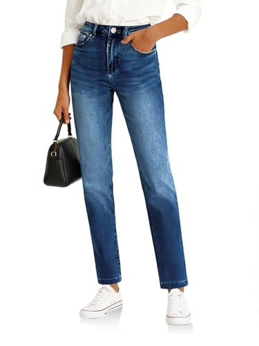 Image of Cicy Bell Womens Straight Leg Jeans High Waisted Mid Rise Stretchy Denim Pants Tapered Petite Jeans