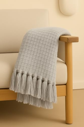 Image of Furnistitchs Bohemian Cotton Sofa Throw Blanket 50x60 inches | Waffle Knit & Chevron Pattern with Fringes | Aesthetic Decorative Couch Throw for Living Room & Bedroom (Grey Waffle)