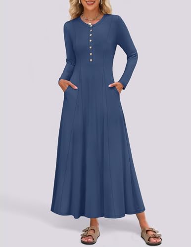 ZESICA Women's Elegant Maxi Dresses 2025 Fall Long Sleeve Button Casual A Line Boho Flowy Dress with Pockets3