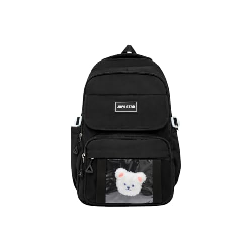 Mochila Escolar Feminina Grande com Urso de Pelúcia, Alta Capacidade, Múltiplos Compartimentos, Impermeável (Preto)