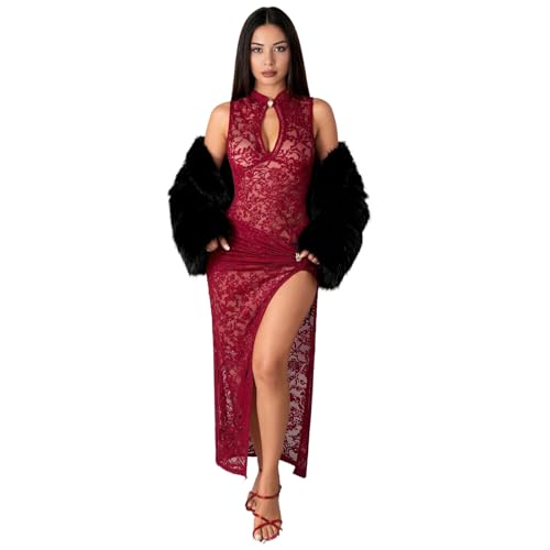 Image of OCUH Black Lace Dress Sheer Maxi Dresses Sexy Outfit for Women Going Out High Slit Skirt Bodycon Vacation Party Wear