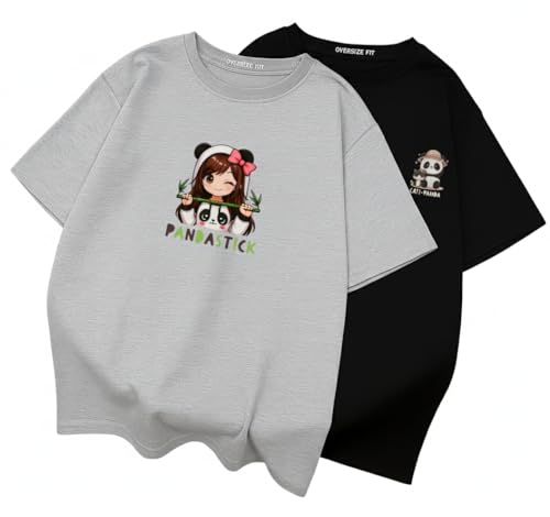 Image of Cotton Blend Drop Shoulder Oversized Baggy Fit Half Sleeve Printed Solid Round Neck T-Shirts Combo for Women & Girls | Pair of 2 T-Shirts |
