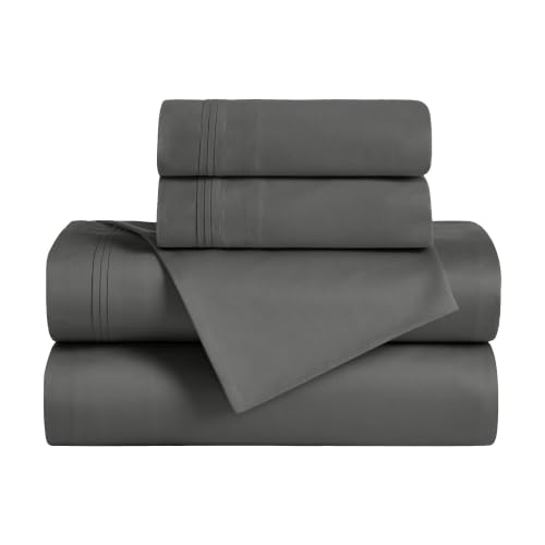 SUPERIOR Egyptian Cotton 4 Piece Sheet Set, 650 Thread Count, Modern Design, Sustainable Sheets, Ultra-Soft Basics, Solid, Deep Pocket Fitted Sheet, Flat Sheet, Pillowcases, King, Grey